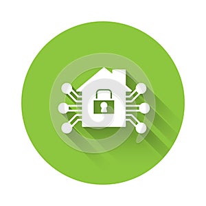 White Smart home icon isolated with long shadow. Remote control. Green circle button. Vector
