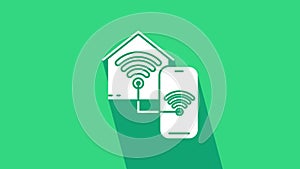 White Smart home with wi-fi icon isolated on green background. Remote control. 4K Video motion graphic animation