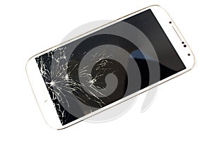 White smart phone broken on white background.