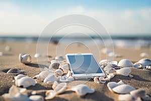 White smartphone on beach tropical sunny white sanded seashore among seashells black screen phone technological advance