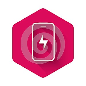 White Smartphone charging battery icon isolated with long shadow background. Phone with a low battery charge. Pink