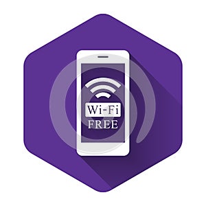 White Smartphone with free wi-fi wireless connection icon with long shadow. Wireless technology, wi-fi connection