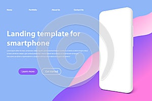 White smartphone landing page mockup. Frameless smartphones screen, mobile app presentation template and mobile phone