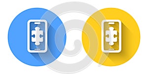 White Smartphone and playing in game icon isolated with long shadow background. Mobile gaming concept. Circle button