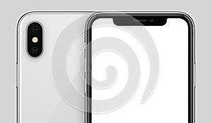 White smartphone similar to iPhone X mockup front and back sides on gray background with copy space cropped close-up