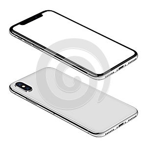 White smartphone similar to iPhone X mockup front and back sides isometric view CCW rotated lies on surface