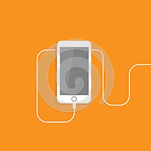 White smartphone with usb flex. Flat vector icon isolated on orange color. mobile device