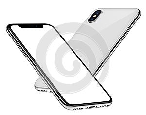 White smartphones similar to iPhone X mockup soaring in the air back side behind front side with white screen