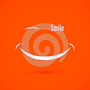 White smile icon on warm orange color background. Text smile instead of eye. isolated vector illustration