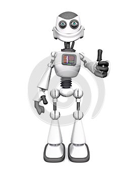 White smiling cartoon robot doing a thumbs up.