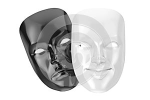 White Smiling Comedy and Black Sad Drama Grotesque Theatre Mask. 3d Rendering