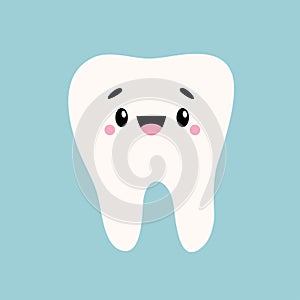White smiling tooth icon. Healthy teeth. Cute cartoon kawaii funny face baby character. Eyes, cheeks, brows. Oral dental hygiene.