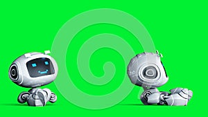 White smiling toy robot animation. Phisical motion blur. Realistic green screen 4k animation. Green screen