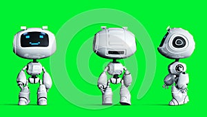 White smiling toy robot animation. Phisical motion blur. Realistic green screen 4k animation. Green screen