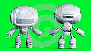 White smiling toy robot animation. Phisical motion blur. Realistic green screen 4k animation. Green screen