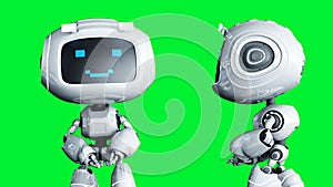 White smiling toy robot animation. Phisical motion blur. Realistic green screen 4k animation. Green screen