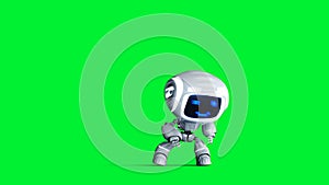 White smiling toy robot animation. Phisical motion blur. Realistic green screen 4k animation. Green screen