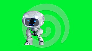 White smiling toy robot animation. Phisical motion blur. Realistic green screen 4k animation. Green screen