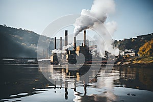 White smoke billowing from factory chimneys on a clear and sunny day