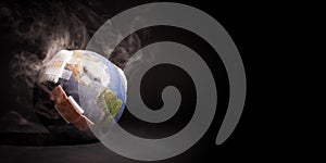 Bílý kouř krytí kolem zeměkoule plný z bandáže prokazující účinek z globální oteplování podnebí znečištění 