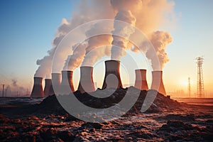 White smoke emission from large factory chimneys on a clear day