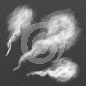 White smoke puff, vapour trail. Vector steam flow isolated on transparent background