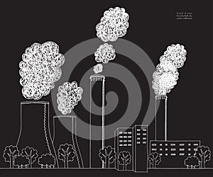 White smokestack on black background. Illustration of air pollution caused by fume from factory and plant pipe, tube