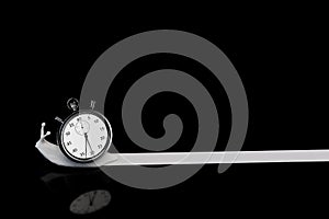 a white snail carrying a stopwatch and leaving a white bar for text on a black background. copy paste. 3D render
