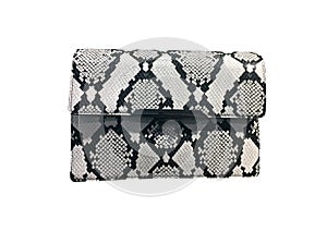 White Snake Clutch isolated on white background. Fashion women accessories. Top view of snake skin python leather wallets