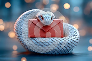 A white snake curiously holds a red envelope against a softly blurred background photo