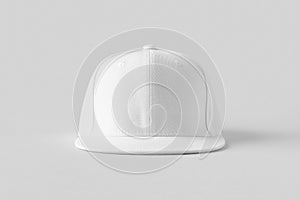 White snapback cap mockup on a grey background, front view