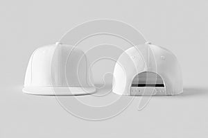 White snapback caps mockup on a grey background, front and back side