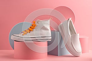 White sneaker and loafer on pink background