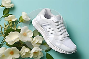 White sneakers on a blue background. Fashionable shoes for walking and sports