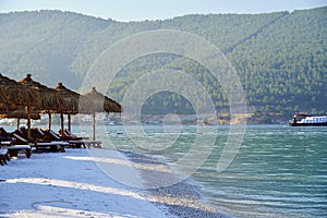 White snow Beach and tropical sea in sunrise, Bodrum, Turkey. No people. Banner Lux vacation. Clear turquoise ocean