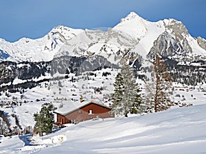 White snow caps on the alpine peaks SÃ¤ntis (Santis or Saentis)