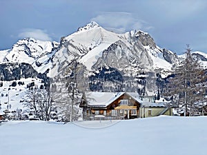 White snow caps on the alpine peaks SÃ¤ntis (Santis or Saentis)