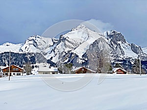 White snow caps on the alpine peaks SÃ¤ntis (Santis or Saentis)