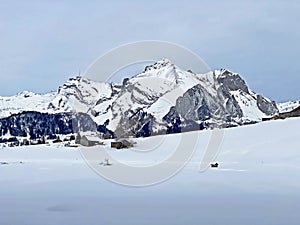 White snow caps on the alpine peaks SÃ¤ntis (Santis or Saentis)