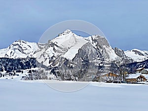 White snow caps on the alpine peaks SÃ¤ntis (Santis or Saentis)