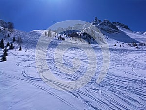 White snow mountain panorama sunny day