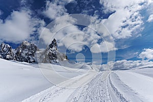 White snow mountain panorama sunny day