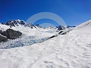 White snow over Mountain slope with clear blue sky backgroun