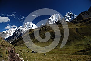 White snow peaks above green meadows