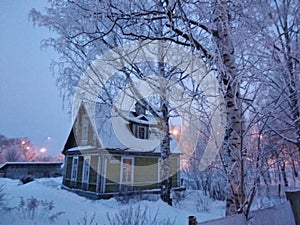 White snow on the vintage house