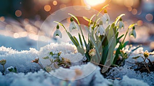White snowdrop flowers blooming outdoors in snow. Beautiful spring natural bokeh background. Early spring season
