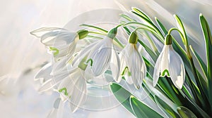 White snowdrop flowers with green leaves growing out of the snow. Illustration. Sunshine. Banner with space for your own content.