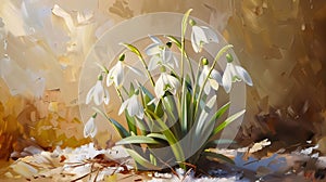 White snowdrop flowers with green leaves growing out of the snow. Illustration. Sunshine. Flowering flowers, a symbol of spring,