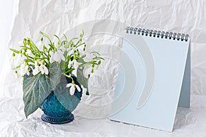 White snowdrops Galanthus nivalis in a vase on a white background and with a notepad for text