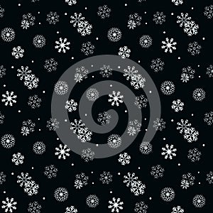 White Snowflake on black simple seamless pattern. Abstract wallpaper, wrapping decoration. Symbol of winter, Merry Christmas